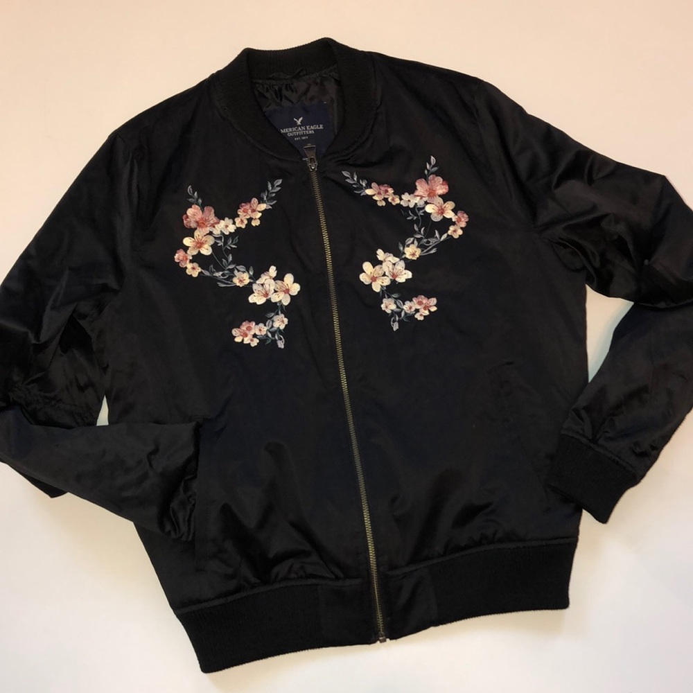 AEO Black satin embroidered quilted  bomber jacket